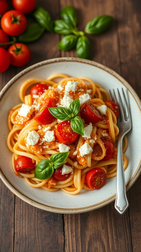 A colorful bowl of pasta with roasted tomatoes and feta cheese, garnished with basil and Parmesan.